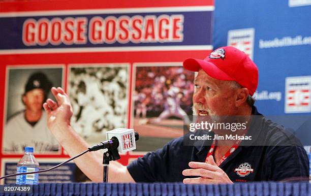 Hall of Fame inductee Rich 'Goose' Gossage speaks to the media during a press conference at the Cooperstown Central School during the Baseball Hall...