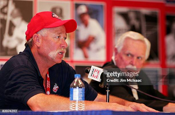 Hall of Fame inductee Rich 'Goose' Gossage speaks to the media during a press conference as fellow inductee Dick Williams looks on at the Cooperstown...