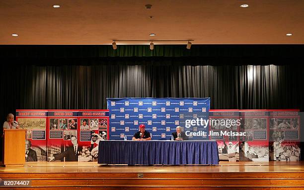 Hall of Fame inductees Rich 'Goose' Gossage and Dick Williams speak to the media during a press conference at the Cooperstown Central School during...