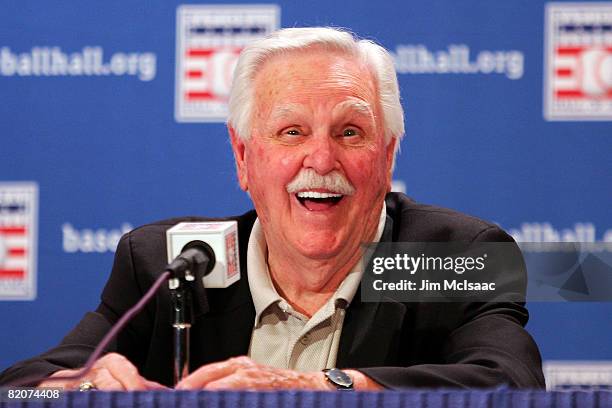 Hall of Fame inuctee Dick Williams speaks to the media during a press conference at the Cooperstown Central School during the Baseball Hall of Fame...