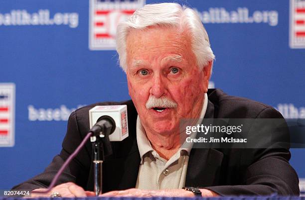 Hall of Fame inuctee Dick Williams speaks to the media during a press conference at the Cooperstown Central School during the Baseball Hall of Fame...