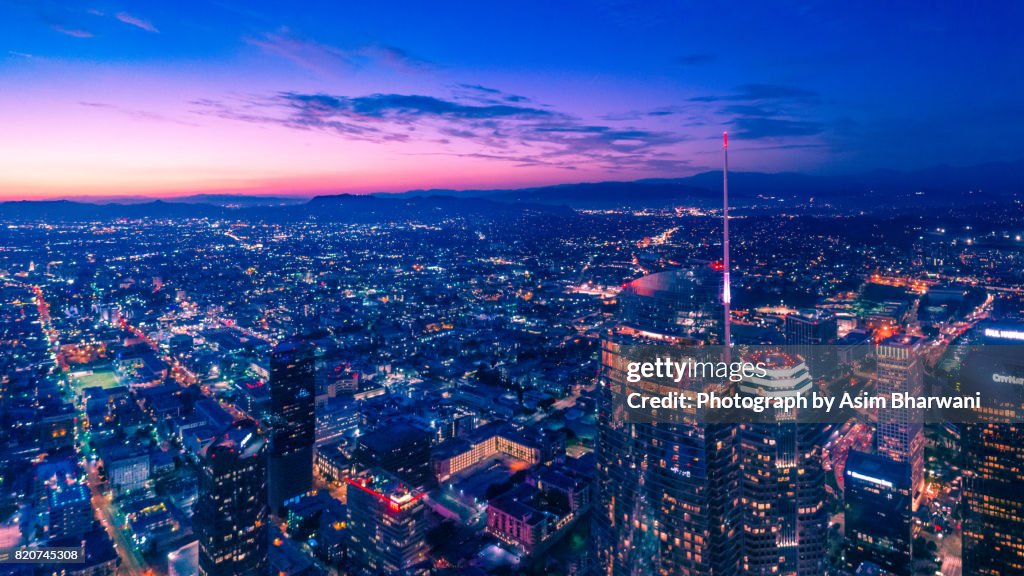 DTLA sunset over the Wilshire Grand