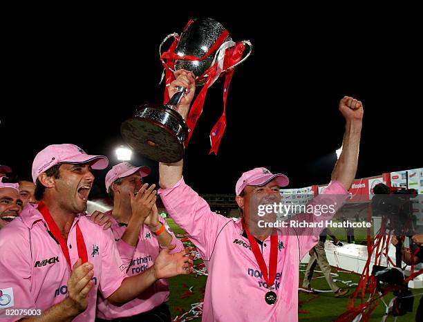 Shaun Udal of Middlesex celebrates victory with the trophy after Middlesex win the Twenty20 Cup Final between Kent and Middlesex at The Rosebowl on...