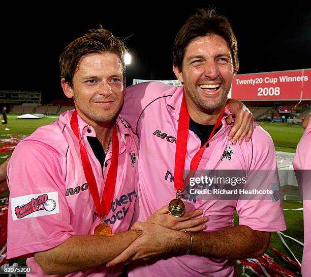 Ed Joyce and Tyrone Henderson of Middlesex celebrate victory after Middlesex win the Twenty20 Cup Final between Kent and Middlesex at The Rosebowl on...