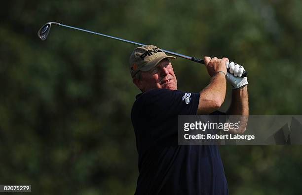 Mark Calcavecchia makes a tee shot during the third round of the RBC Canadian Open at the Glen Abbey Golf Club on July 26, 2008 in Oakville, Ontario,...