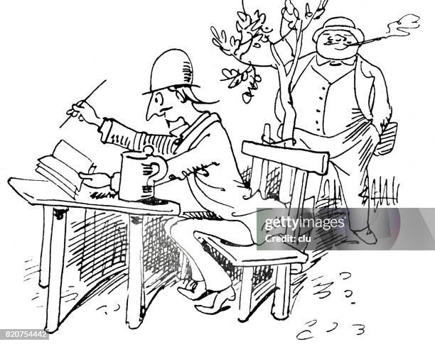 life of an author: writing in beer garden, man standing behind him - bar table stock illustrations