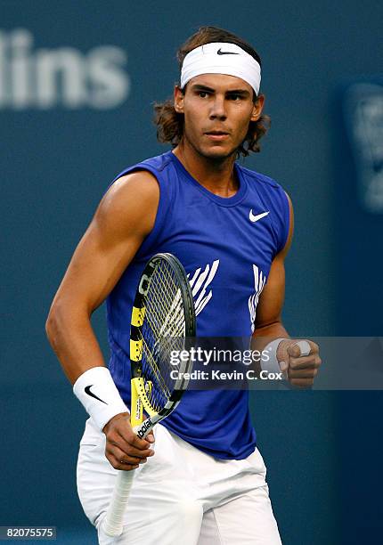 Rafael Nadal of Spain reacts after winning a point against Andy Murray of Great Britain during the Rogers Cup at the Rexall Centre at York University...