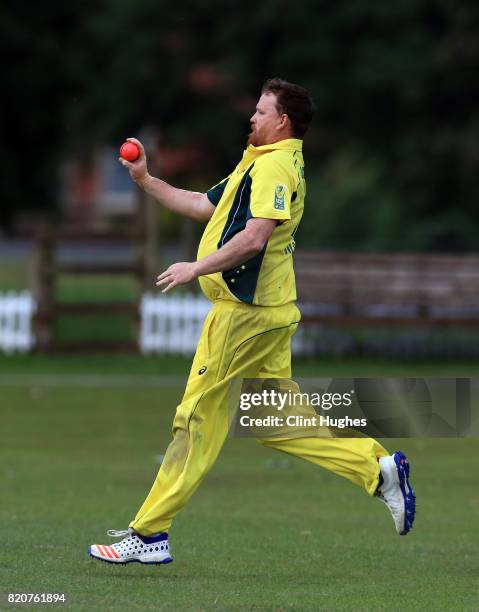 Brett Wilson of Australia bowls during the T20: INAS Tri-Series against South Africa at Toft Cricket Club on July 18, 2017 in Knutsford, England.