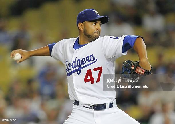 Cory Wade of the Los Angeles Dodgers pitches in the 9th inning against the Washington Nationals at Dodger Stadium on July 26, 2008 in Los Angeles,...