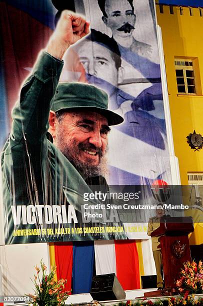 Cuba's President and brother of Revolution leader Fidel Castro, Raul Castro delivers a speech in front of the Moncada military complex during a...
