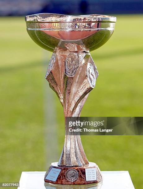 The European U19 Championship trophy is seen prior to the U19 European Championship final match between Germany and Italy at the Strelnice stadium on...