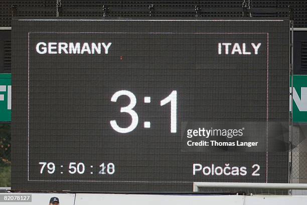 Republic The scoreboard is seen during the U19 European Championship final match between Germany and Italy at the Strelnice stadium on July 26, 2008...