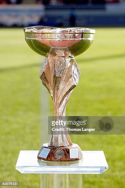 The European U19 Championship trophy is seen prior to the U19 European Championship final match between Germany and Italy on July 26, 2008 in...