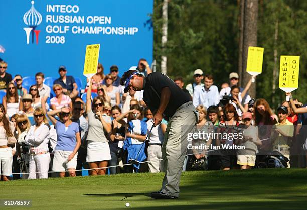 Mikael Lundberg of Sweden in action on the 18th green during the Final Round of the Inteco Russian Open Championship at the Moscow Country Club July...