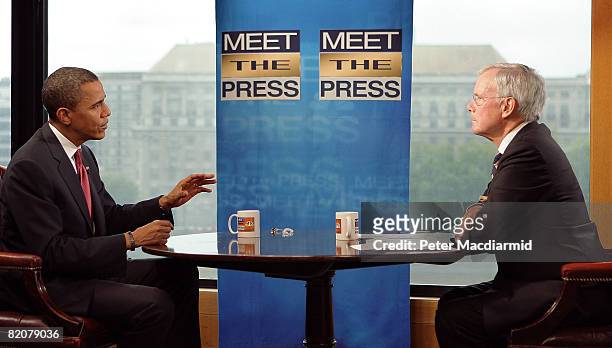 Tom Brokaw interviews presumptive U.S. Democratic Presidential candidate Senator Barack Obama during a taping of 'Meet the Press' on July 26, 2008 in...