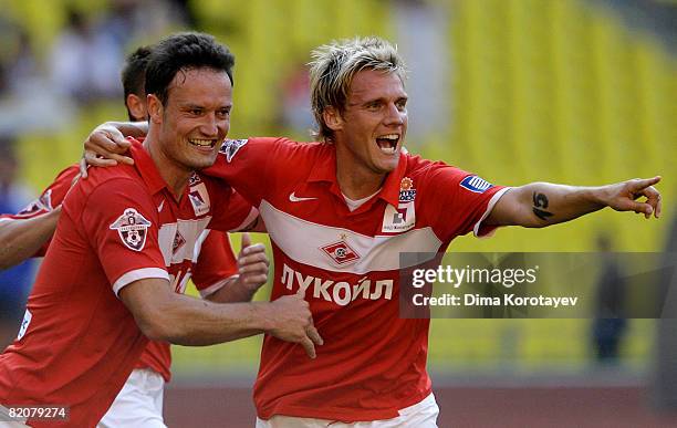 Radoslav Kovac celebrates his opening goal with FC Spartak Moscow teammate Martin Jiranek during the Russian Premier League match between FC Spartak...