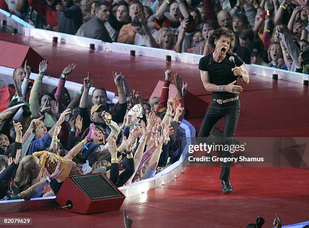 Mick Jagger of The Rolling Stones performs at halftime during Super Bowl XL between the Pittsburgh Steelers and Seattle Seahawks at Ford Field in...