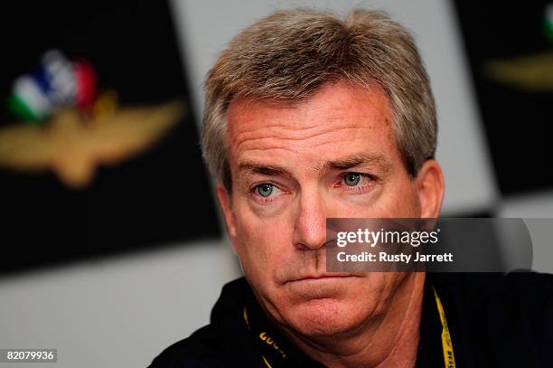 Greg Stucker of Goodyear speaks with the media to address the tire wearing issue prior to the NASCAR Sprint Cup Series Allstate 400 at the Brickyard...