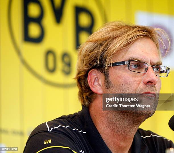 Juergen Klopp, head coach of Borussia Dortmund looks on at the press conference during the pre season international friendly match between Borussia...