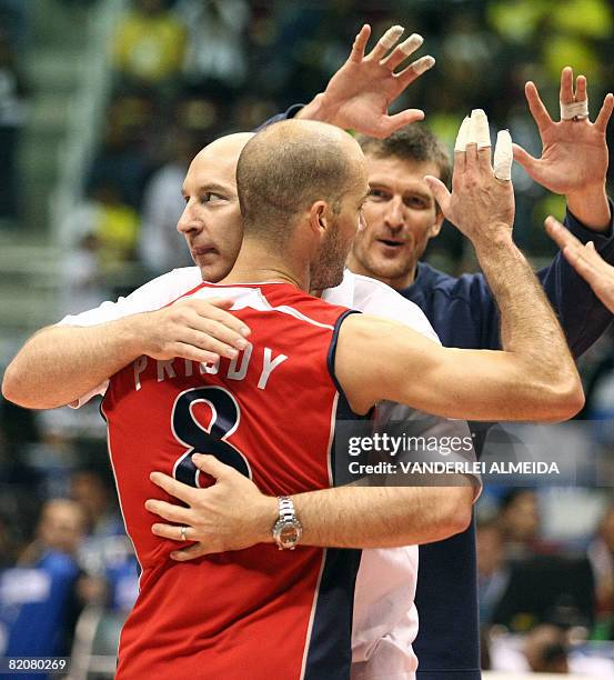 Coach Hugh McCutcheon and William Priddy celebrate their victory over Serbia at the end of their International Volleyball Federation World League...