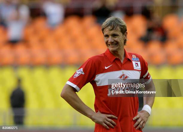 Roman Pavlyuchenko of FC Spartak Moscow reacts during the Russian Football League Championship match between FC Spartak and FC Luch-Energiya at the...