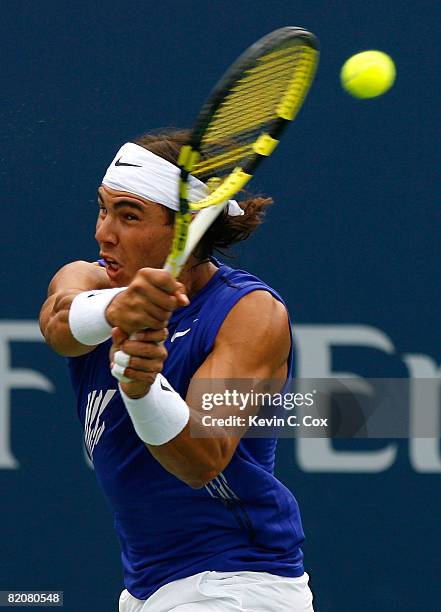 Rafael Nadal of Spain returns a shot to Nicolas Kiefer of Germany during the Rogers Cup at the Rexall Centre at York University July 27, 2008 in...