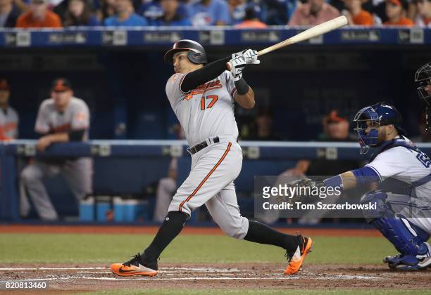 Ruben Tejada of the Baltimore Orioles hits a single in the third inning during MLB game action against the Toronto Blue Jays at Rogers Centre on June...
