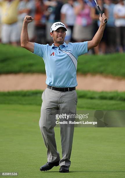 Chez Reavie celebrates after winning the RBC Canadian Open at the Glen Abbey Golf Club on July 27, 2008 in Oakville, Ontario, Canada.