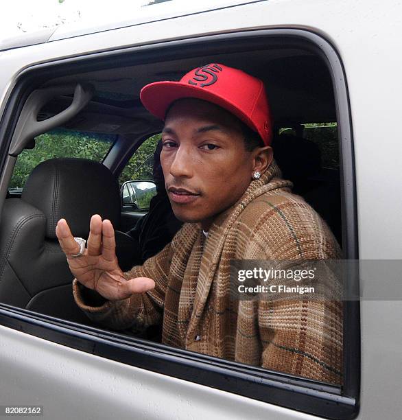 Rapper/Vocalist Pharrell Williams of N.E.R.D. Waits in traffic to get to the festival grounds on day three of the 2008 Pemberton Music Festival on...