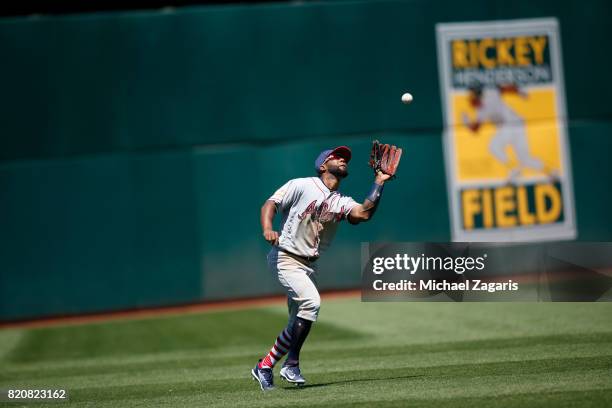 Danny Santana of the Atlanta Braves fields during the game against the Oakland Athletics at the Oakland Alameda Coliseum on July 2, 2017 in Oakland,...