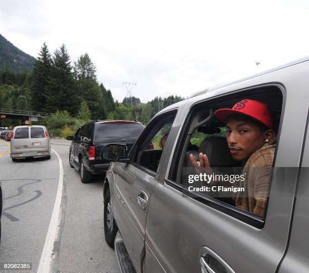 Rapper/Vocalist Pharrell Williams of N.E.R.D. Waits in traffic to get to the festival grounds on day three of the 2008 Pemberton Music Festival on...