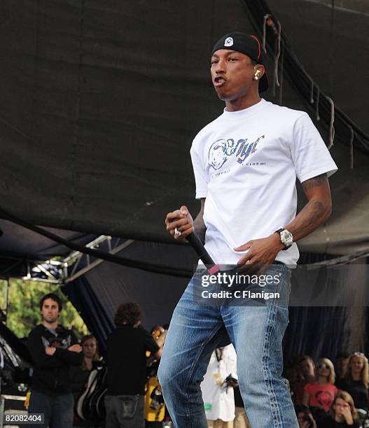 Rapper/Vocalist Pharrell Williams of N.E.R.D. Performs on day three of the 2008 Pemberton Music Festival on July 27, 2008 in Pemberton, British...