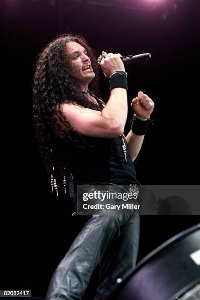 Lead singer ZP Theart of Dragonforce performs during the Rockstar Energy Mayhem Festival at the Verizon Wireless Amphitheater on July 26, 2008 in San...