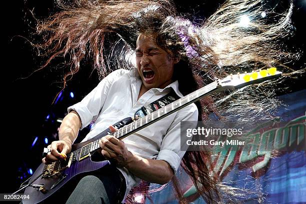 Lead Guitarist Herman Li of Dragonforce performs during the Rockstar Energy Mayhem Festival at the Verizon Wireless Amphitheater on July 26, 2008 in...