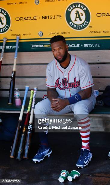 Danny Santana of the Atlanta Braves sits in the dugout prior to the game against the Oakland Athletics at the Oakland Alameda Coliseum on July 2,...