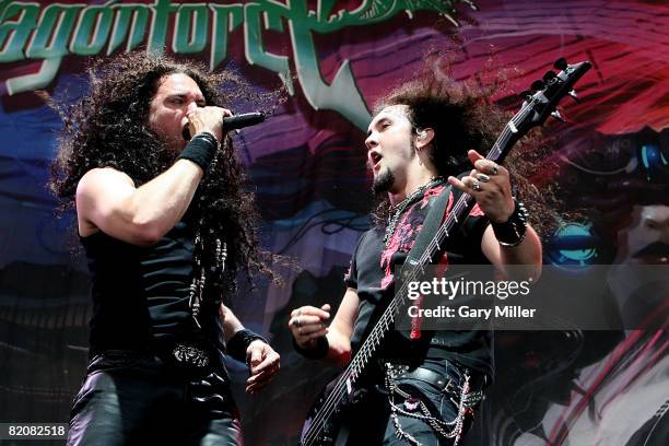 Lead singer ZP Theart and Guitarist Frederic Leclercq of Dragonforce performs during the Rockstar Energy Mayhem Festival at the Verizon Wireless...