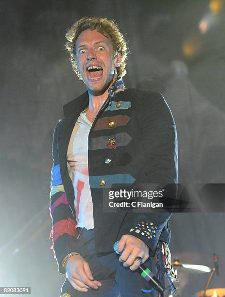 Vocalist Chris Martin of Coldplay performs on day three of the 2008 Pemberton Music Festival on July 27, 2008 in Pemberton, British Columbia, Canada.