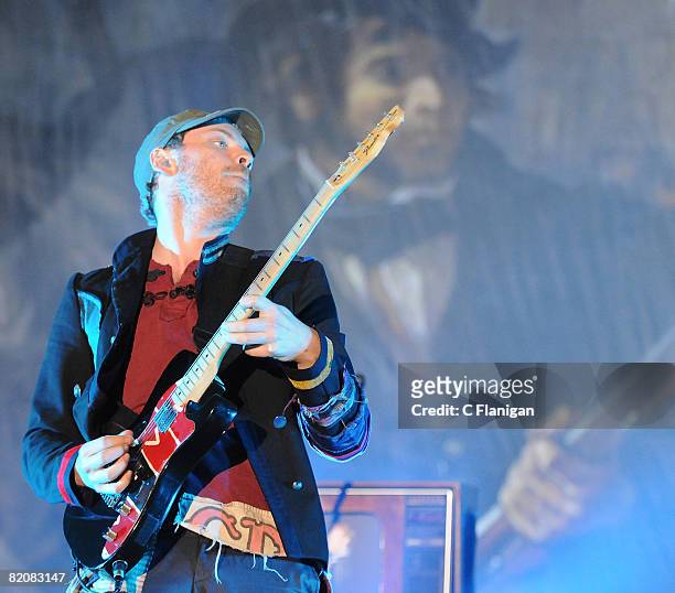 Guitarist Jonny Buckland of Coldplay performs on day three of the 2008 Pemberton Music Festival on July 27, 2008 in Pemberton, British Columbia,...