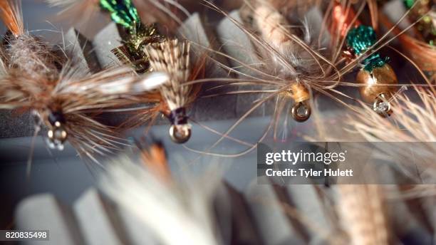 box of fishing flies for flyfishing fly fishing 3 - fishing bait stock pictures, royalty-free photos & images