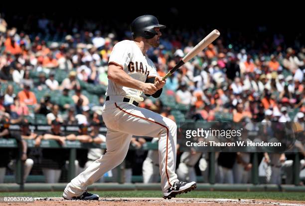 Conor Gillaspie of the San Francisco Giants bats against the Cleveland Indians in the bottom of the first inning at AT&T Park on July 19, 2017 in San...