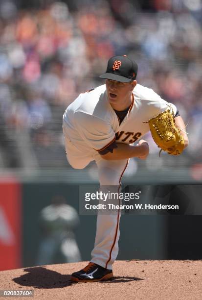 Matt Cain of the San Francisco Giants pitches against the Cleveland Indians in the top of the first inning at AT&T Park on July 19, 2017 in San...