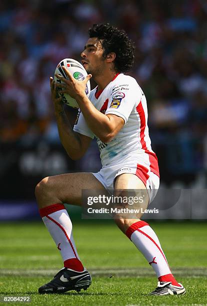 Ade Gardner of St.Helens in action during the Carnegie Challenge Cup Semi Final match between Leeds Rhinos and St.Helens at the Galpharm Stadium on...