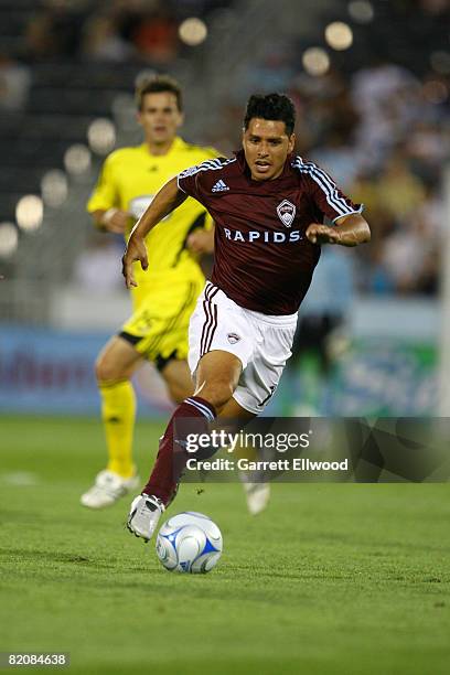 Christian Gomez of the Colorado Rapids controls the ball against the Columbus Crew on July 27, 2008 at Dicks Sporting Goods Park in Commerce City,...