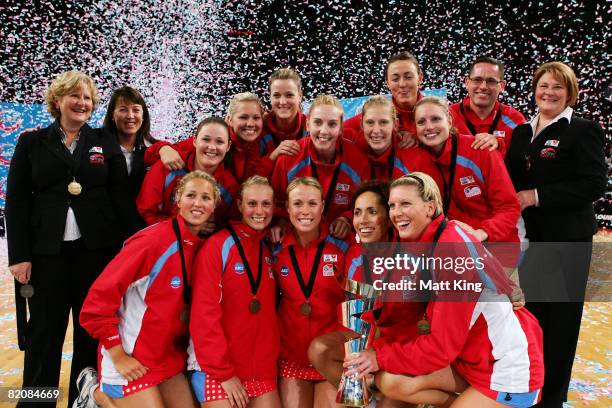 The NSW Swifts celebrate victory after the ANZ Championships Grand Final match between the NSW Swifts and the Bay Of Plenty Magic at Acer Arena on...