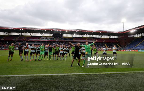 Justien Odeurs of Belgium Women and her team mates celebrate after the UEFA Women's Euro 2017 match between Norway and Belgium at Rat Verlegh Stadion...