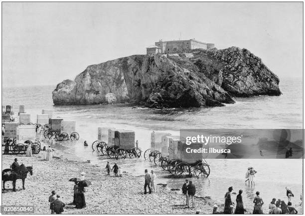 antique photograph of seaside towns of great britain and ireland: tenby - pembrokeshire stock illustrations