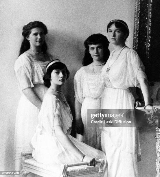 Circa 1915: Grand Duchesses Maria, Tatiana, Anastasia and Olga - daughters of Tsar Nicholas II Romanov of Russia and Empress Alexandra Feodorovna...