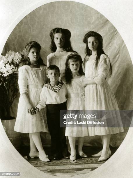 Circa 1912: Children of Tsar Nicholas II Romanov of Russia and Empress Alexandra Feodorovna Romanova: Grand Duchesses Maria, Olga, Anastasia, Tatiana...