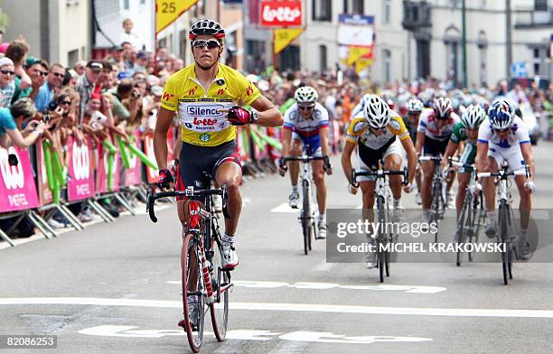 Belgium's Greg Van Avermaet, wearing the yellow jersey, wins the third stage of the 2008 TRW cycling race 'Wallonia Region Tour' from Binche to...