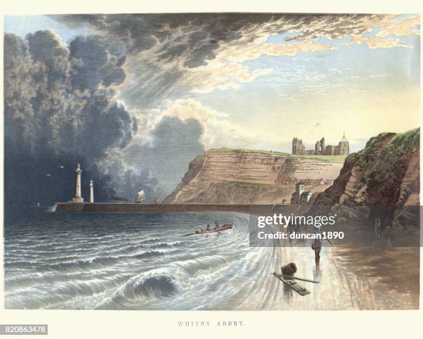 whitby abbey, north yorkshire, 19th century - coastline stock illustrations